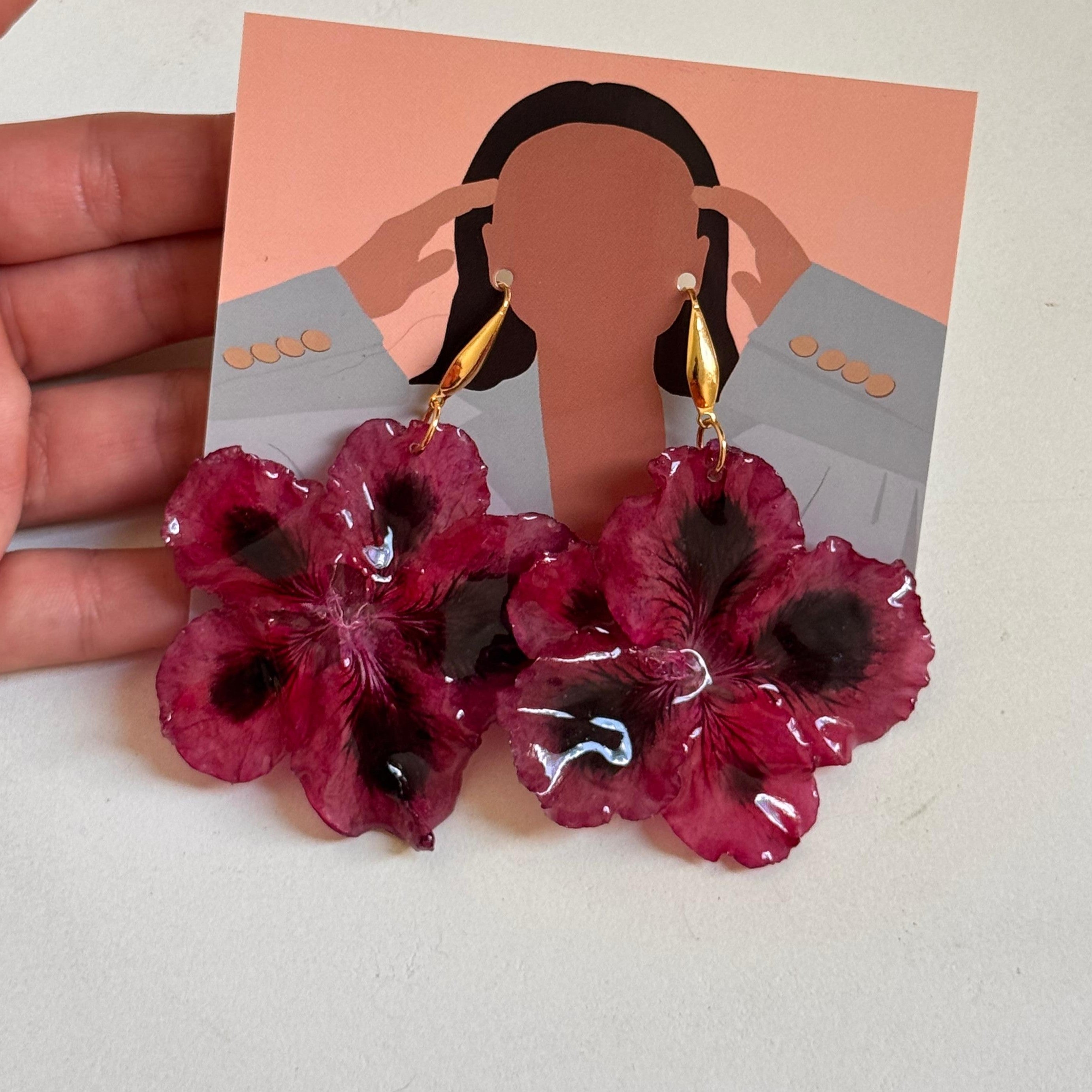 Burgundy Pressed Flower Resin Earrings
